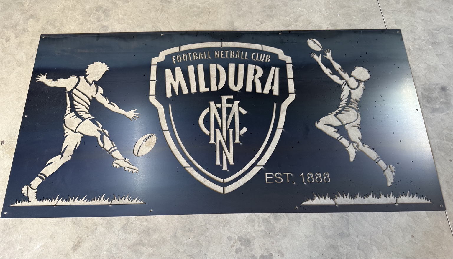 Flat laser cut football club panel with detailed lettering